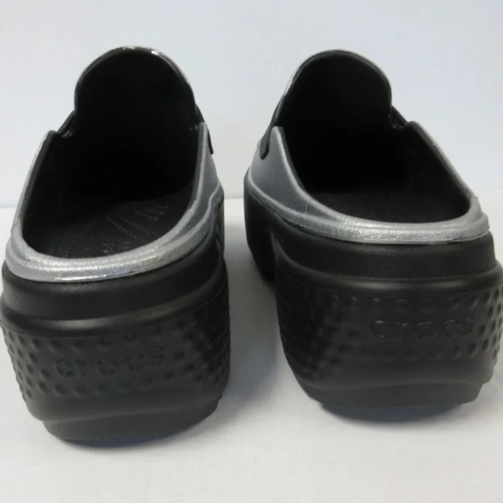 CROCS Stomp Metallic Penny Loafer Mens Sz 6 Black Silver Platform Clog Shoes NEW